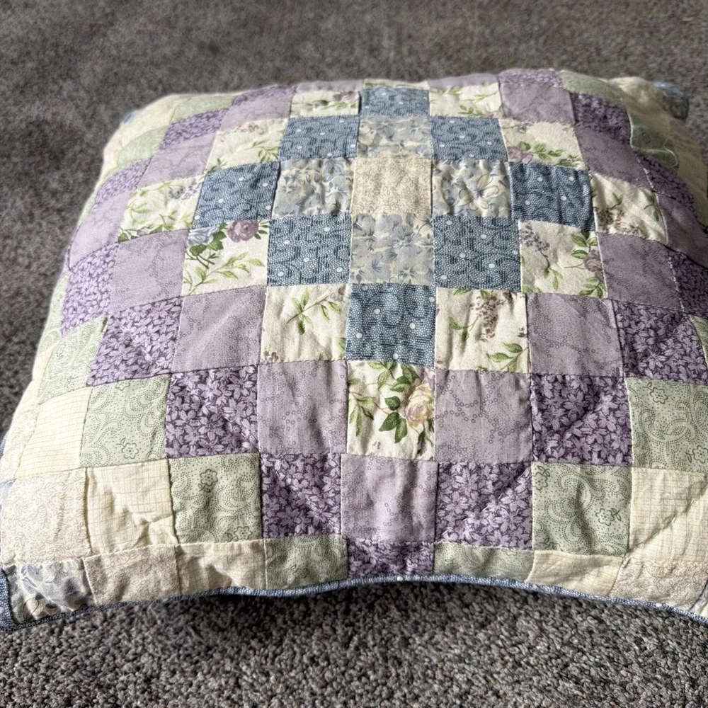 Vtg Cottagecore Patchwork Quilted Pillow Purple, Blue Floral 16